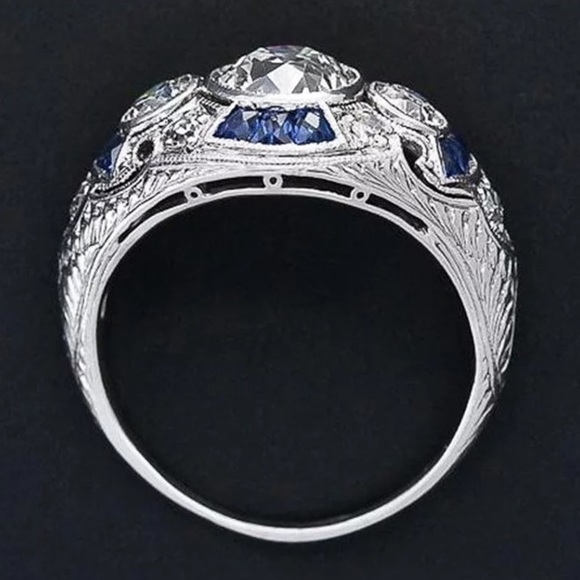 A 925 Sterling Art Deco Blue and White Sapphire Ring - Picture 4 of 16